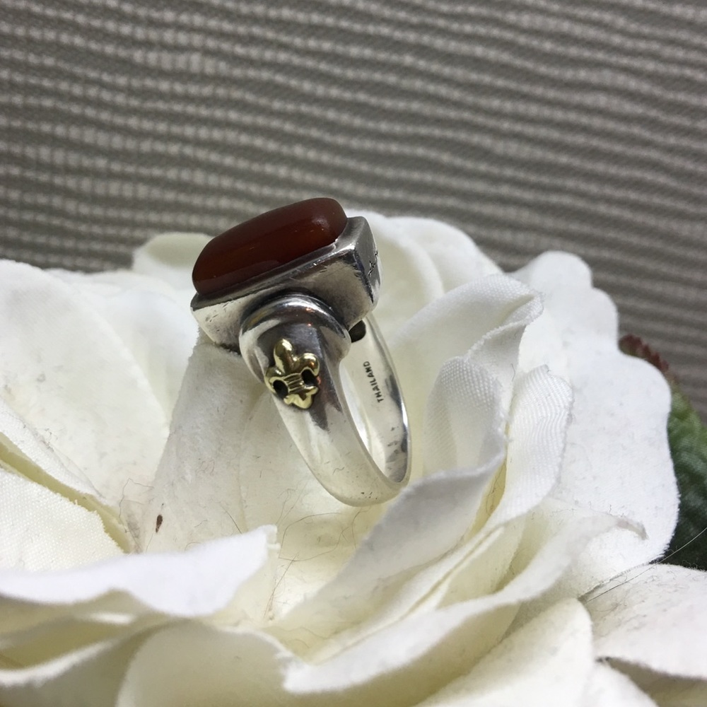 Ann King Sterling Silver Ring Carnelian 14K & .925 Fleur de Lis - Picture 3 of 4